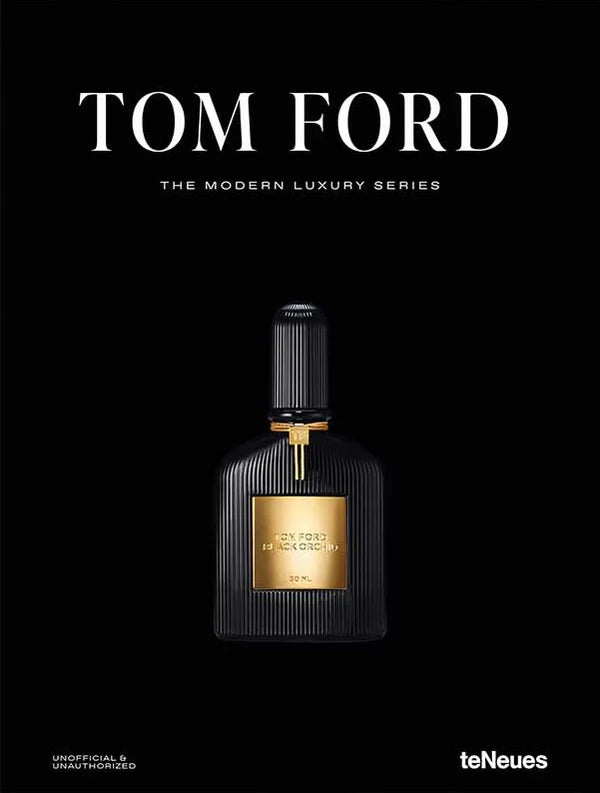 Perfume Tom Ford en frasco oscuro acanalado con tapa negra y etiqueta dorada