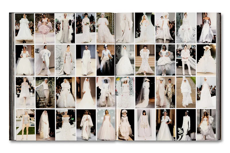 Libro abierto con collage de vestidos de alta costura
