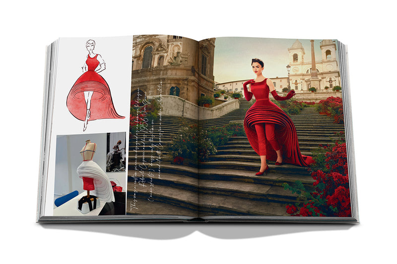 Libro abierto: ilustraciones y foto de vestido rojo en escalinatas