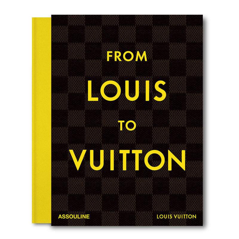 Libro Assouline con portada negra de cuadros y texto amarillo FROM LOUIS TO VUITTON