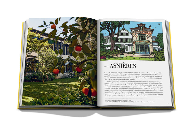 Libro abierto con páginas ilustradas de jardín y edificios, con texto en la derecha