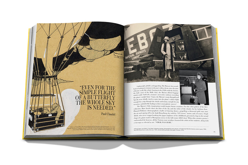 Libro abierto con fotos antiguas en blanco y negro y globos aerostáticos
