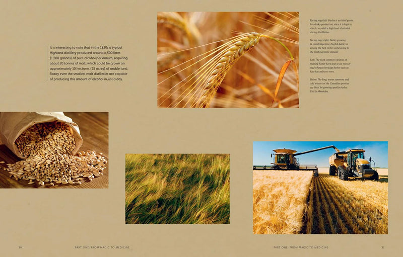 Libro abierto con fotos de grano y cosecha en recuadros
