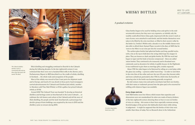 Libro abierto con foto de destilería y texto sobre Whisky Bottles