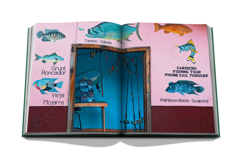 Libro abierto con ilustraciones de peces y tarjeta con texto en portada interior rosa
