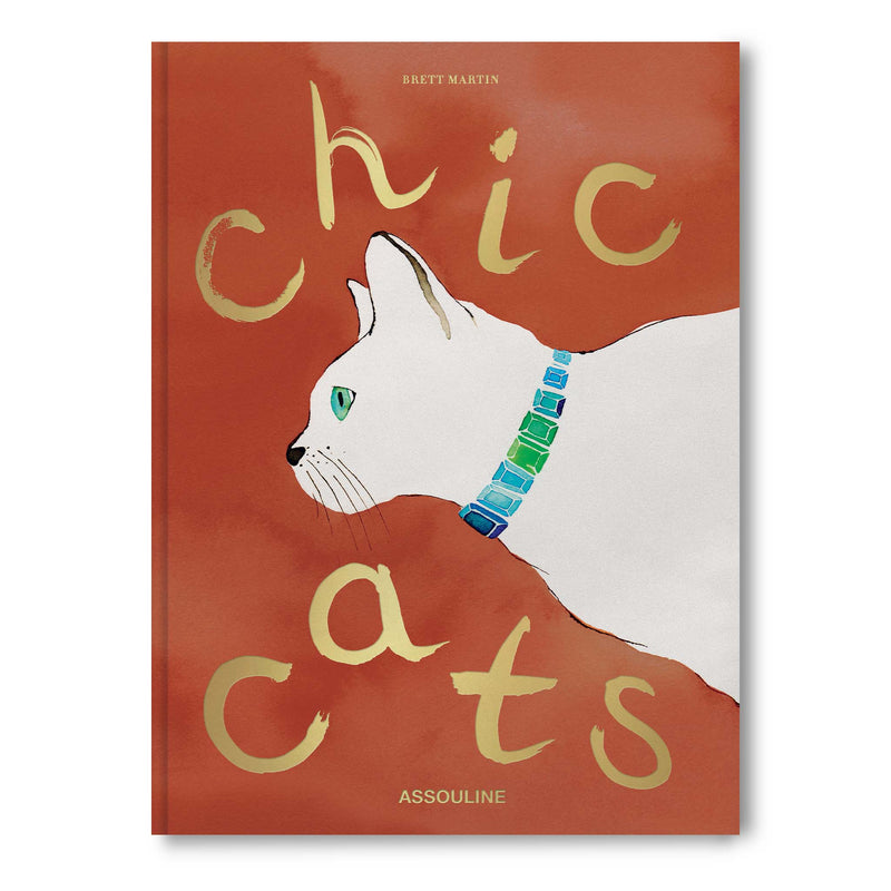 Libro con portada naranja y gato blanco con collar de cuentas azules