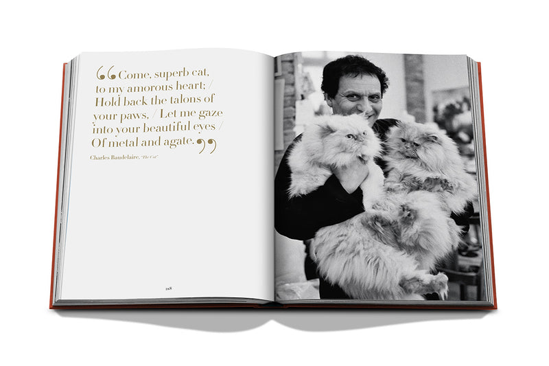Libro abierto con cita y foto en blanco y negro de gato entre mantas