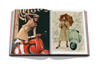 Libro abierto con fotos de mujer con Vespa roja y paraguas, dos páginas.
