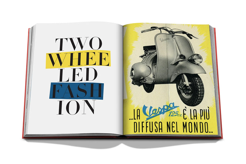 Libro abierto con texto destacado y Vespa gris, composición a color.