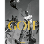 Libro GOLF con hombre jugando al golf y tipografía amarilla “GOLF”.