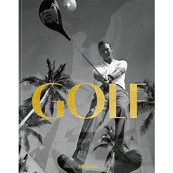 Libro GOLF con hombre jugando al golf y tipografía amarilla “GOLF”.