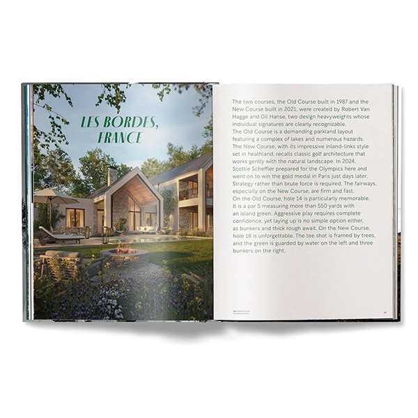 Libro GOLF abierto con página “LES BORDES, FRANCE” y villas junto a jardines.