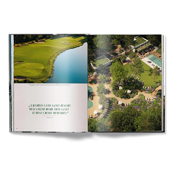 Libro GOLF abierto con fotos de lago y complejo de golf desde una vista aérea.