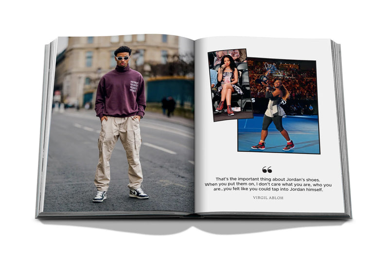 Libro abierto, foto de persona con zapatos y texto en la página derecha