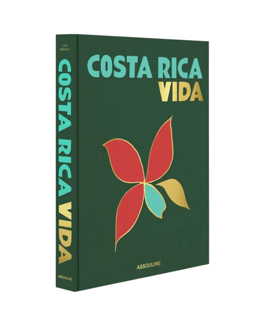 Libro de Costa Rica en caja con portada verde oscura y flor roja, verde y amarilla