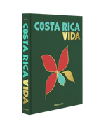 Libro de Costa Rica en caja con portada verde oscura y flor roja, verde y amarilla