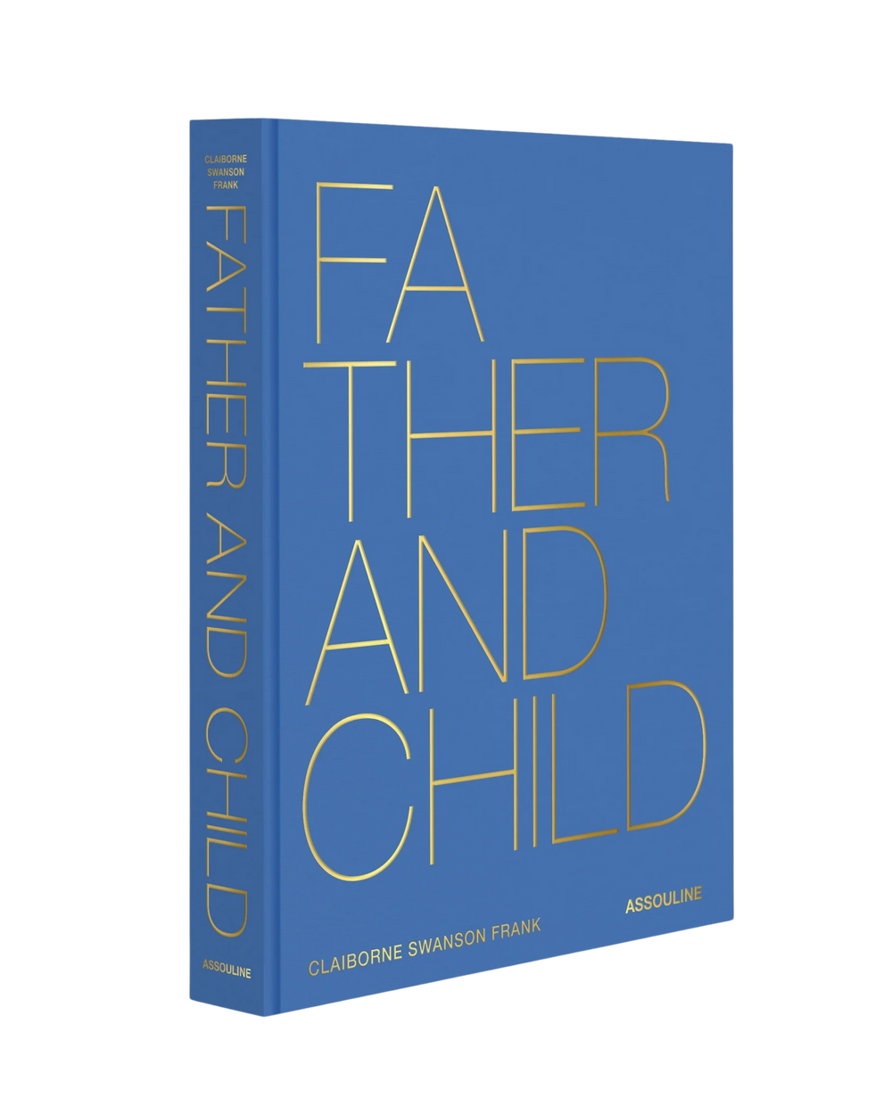 Libro de tapa azul con letras amarillas “FATHER AND CHILD” y marca Assouline