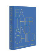 Libro de tapa azul con letras amarillas “FATHER AND CHILD” y marca Assouline
