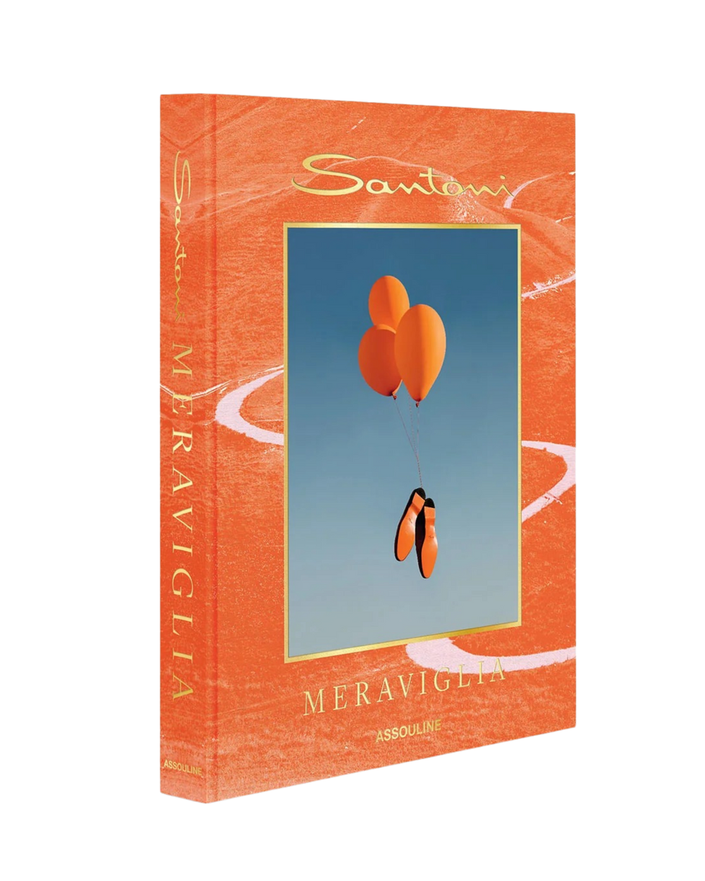 Caja y portada del libro Santoni Meraviglia de Assouline, fondo naranja