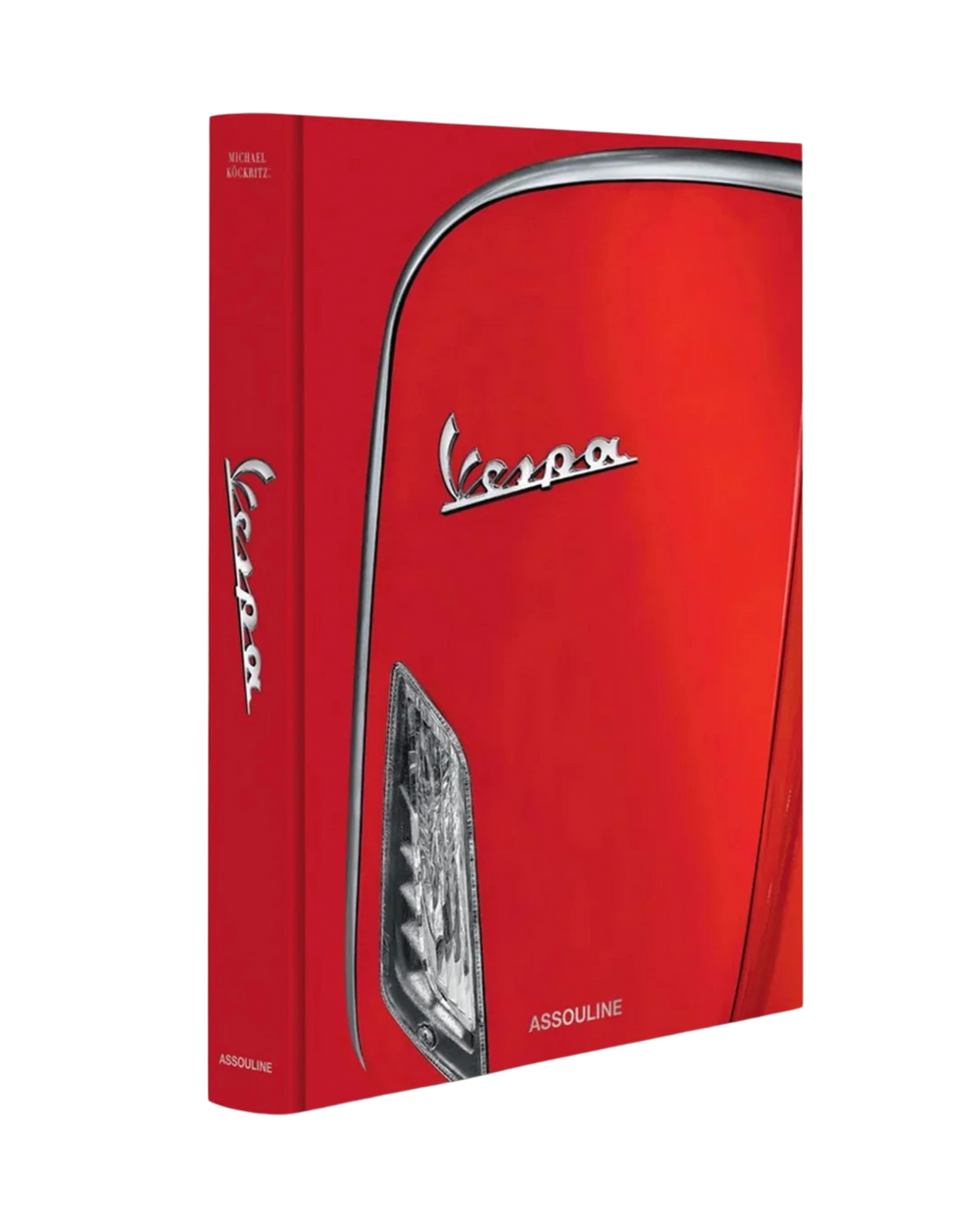 Libro con funda roja y logotipo Vespa, faro y sello Assouline.