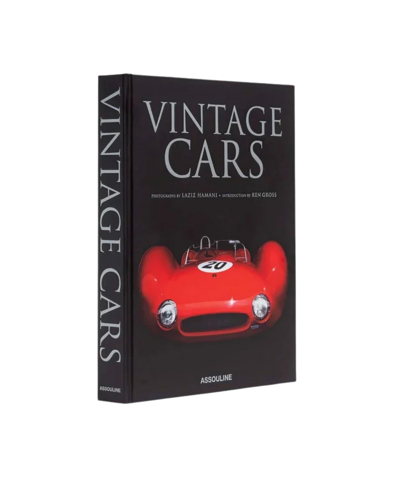Libro de coches clásicos Assouline en caja, portada negra con auto rojo