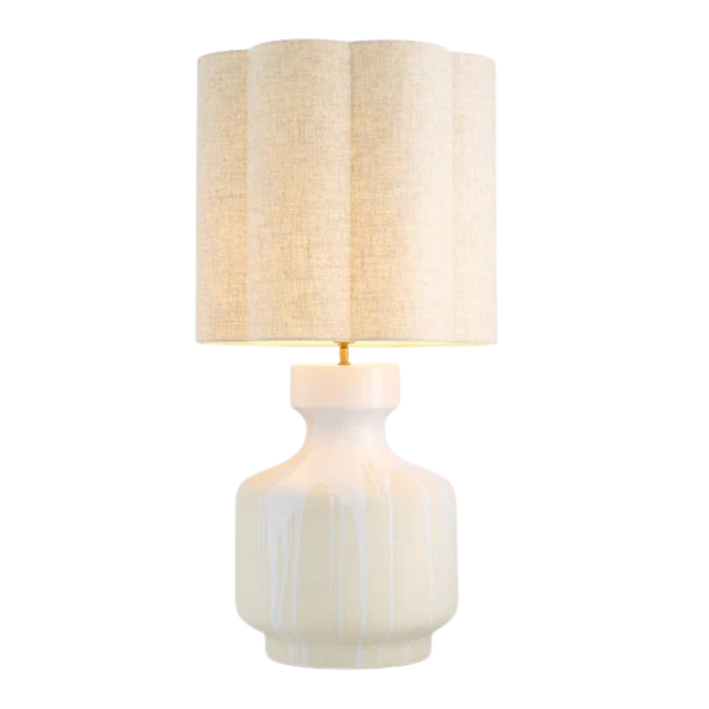 Lámpara de sobremesa con pantalla de lino beige y base cerámica blanca