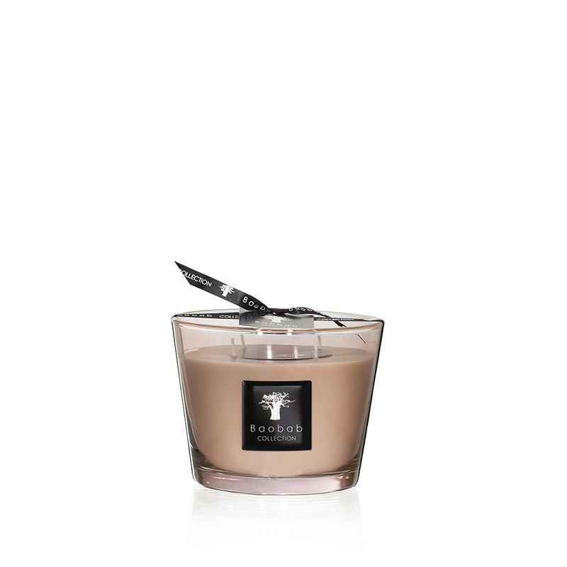 Vela Baobab en vaso de vidrio con cera crema y etiqueta frontal negra