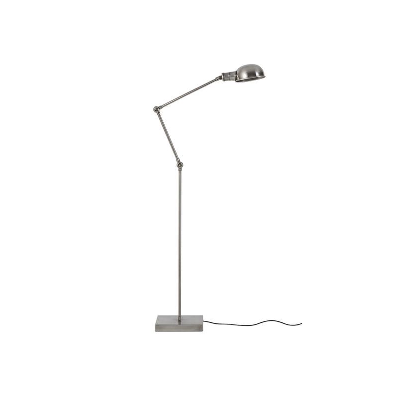 Lámpara de pie con pantalla metálica gris y brazo articulado, estilo antiguo