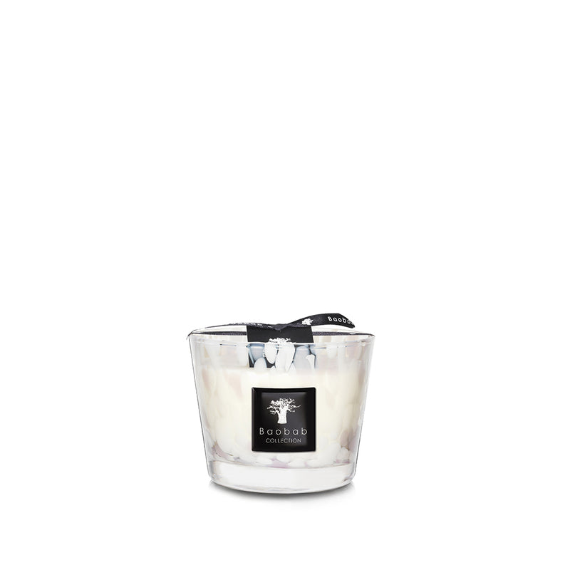 Vela en vaso de vidrio con cera crema, lazo negro y etiqueta Baobab Collection