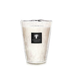 Vela alta en vaso de vidrio con cera crema y etiqueta Baobab Collection