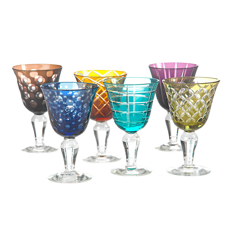 SET 6 COPAS VINO CRISTAL TALLADO COLORES