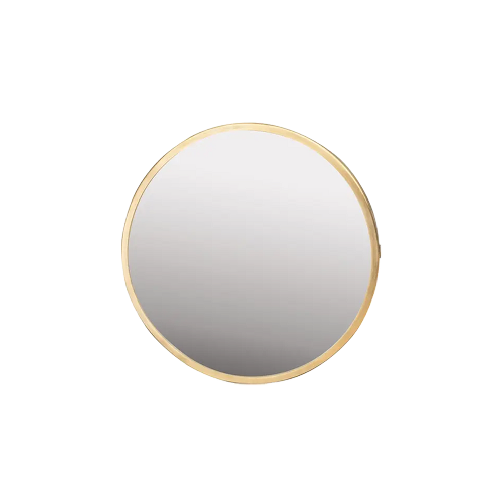 Espejo circular dorado con marco metálico y superficie reflectante