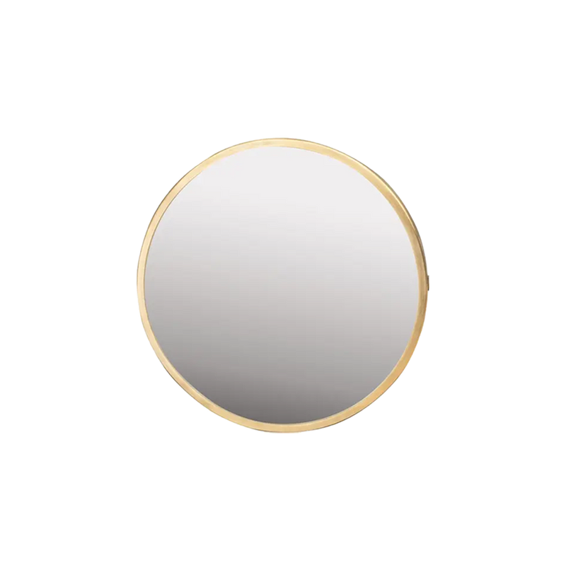 Espejo circular dorado con marco metálico y superficie reflectante
