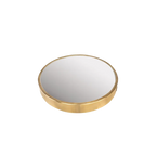 Espejo circular dorado con marco delgado y reflejo en vista inclinada