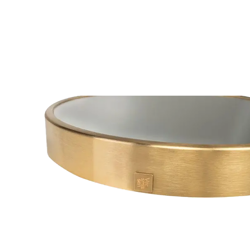 Espejo circular dorado: borde lateral con placa rectangular