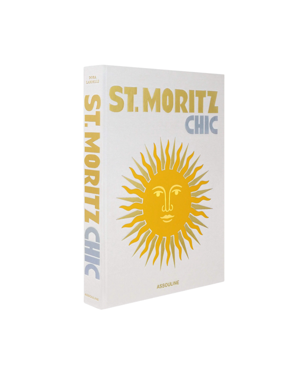 Caja de cartón St. Moritz Chic blanca con sol dorado y texto