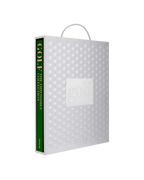 Bolsa de regalo blanca con relieve de burbujas y asa; vista frontal con lomo verde