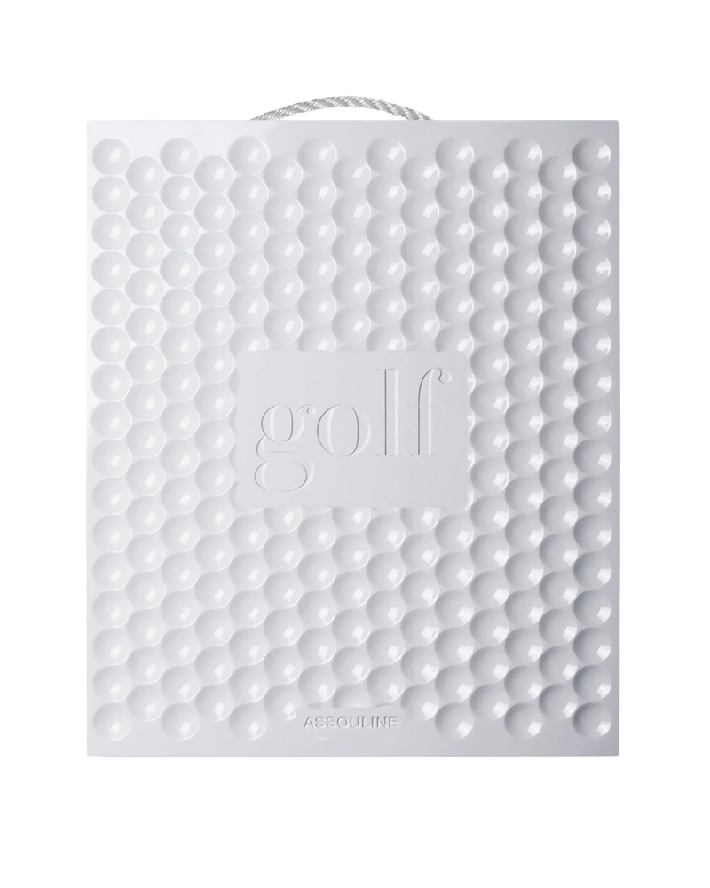 Bolsa rígida blanca con relieve de burbujas y logotipo golf en el centro