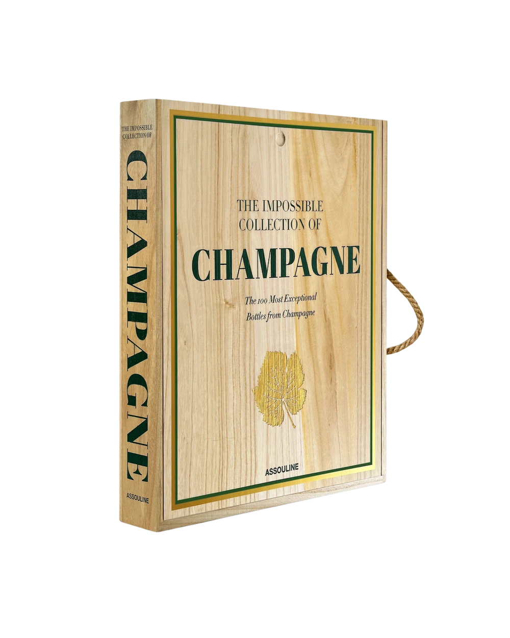 Caja de colección de champagne con tapa de madera y texto lateral verde
