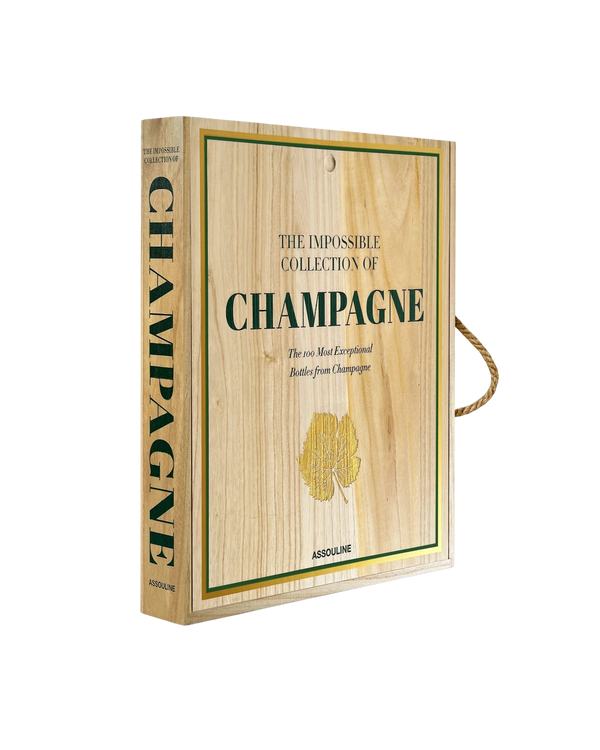 Caja de colección de champagne con tapa de madera y texto lateral verde