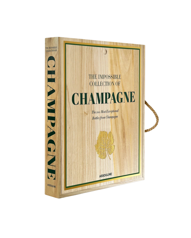 Caja de colección de champagne con tapa de madera y texto lateral verde