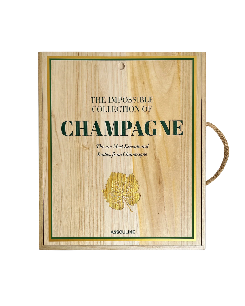 Caja de colección de champagne de madera con marco verde y etiqueta dorada
