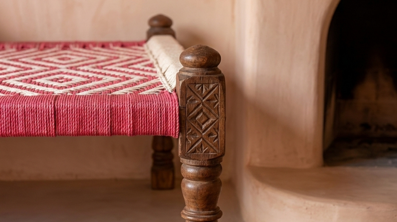 Cama charpai de madera teca y tejido Rojo-Crudo