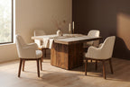 Silla tapizada beige con brazos y patas de madera para comedor