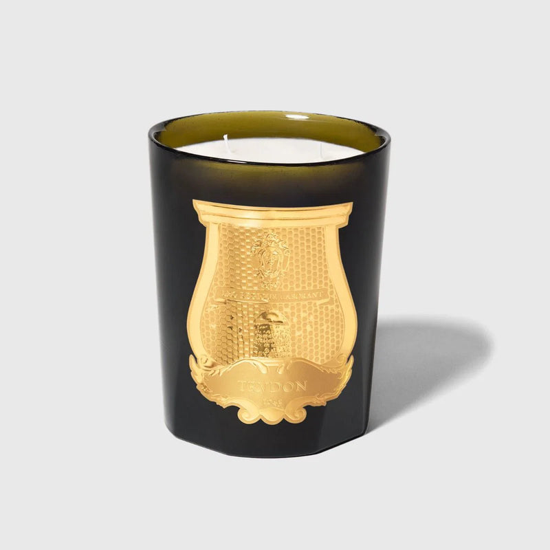 Vela en vaso de vidrio negro con emblema dorado en la parte frontal