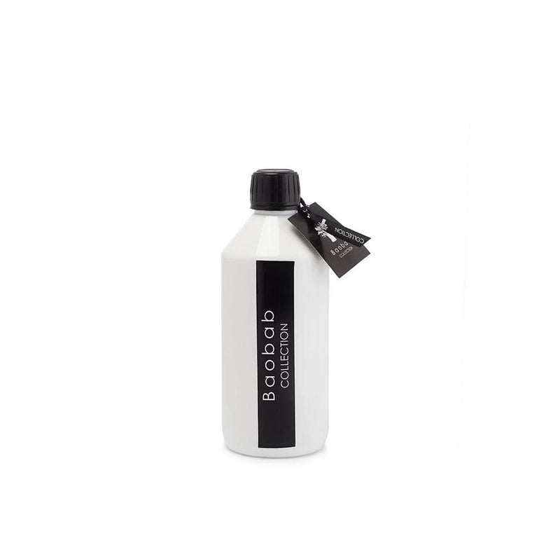 Recarga para difusor en botella blanca con tapa negra y etiqueta Baobab Collection