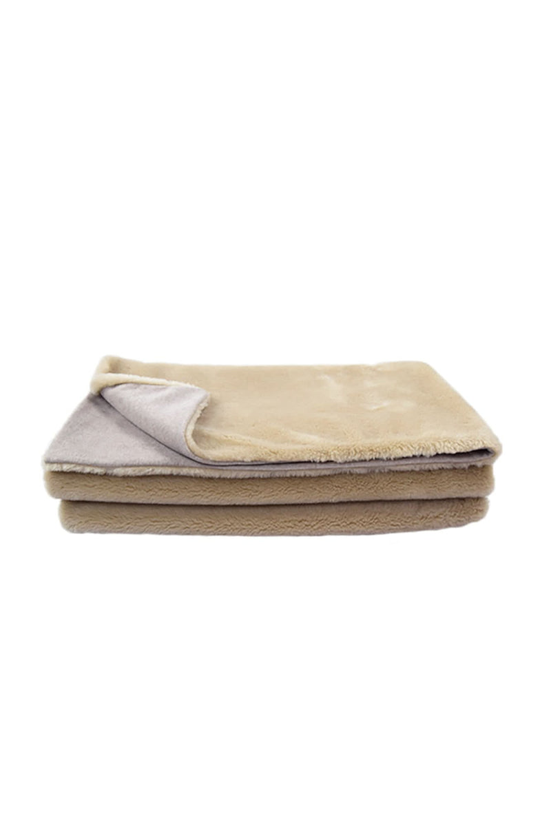 Beige Eco-Wool throw blanket with plush sherpa edging, folded